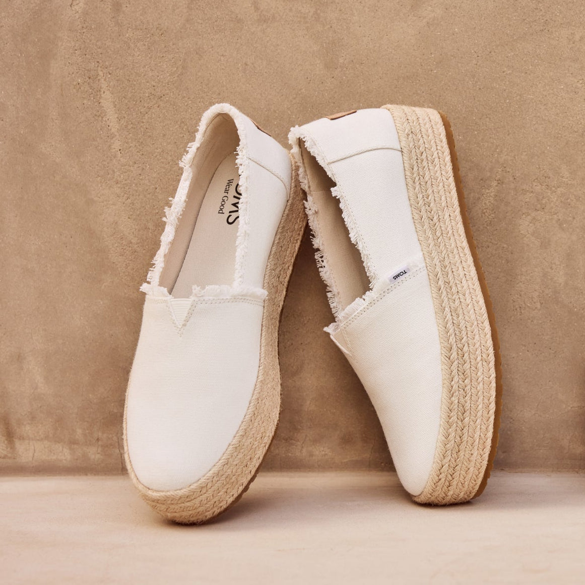 Laydown image of the white Valencia Espadrilles for the Rocky Barnes Campaign