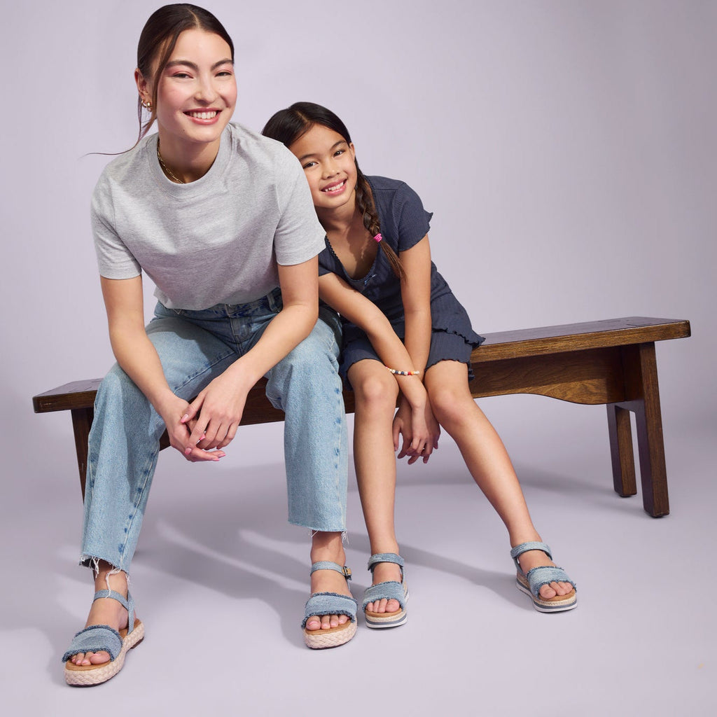 On figure image of the Denim Fray Abby Espadrille Sandals