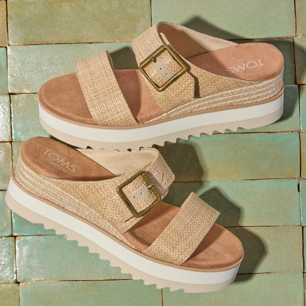 Laydown image of the Almond Raffia Diana Mule Buckle Wedge Sandals