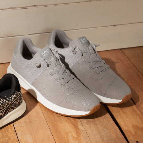 laydown shot Trvl Lite Cabrillo Water Repellent Drizzle Grey Canvas and Suede Mens Sneaker