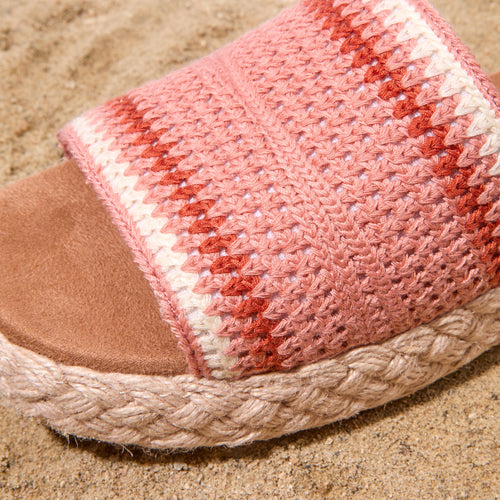Close up detail image of the pink crochet Abby espadrille sandal