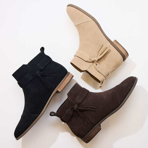 Lay down image of the Womens Stacey Ankle Booties in Black, Taupe and Brown suede