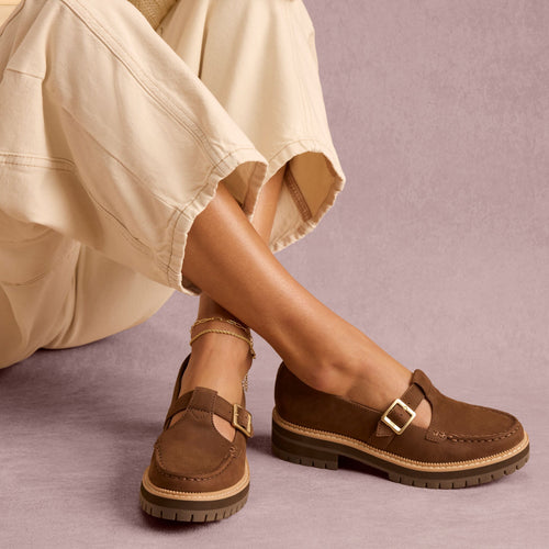 On model image of the Womens Cara Mary Jane Loafer Hot Cocoa Nubuck Leather