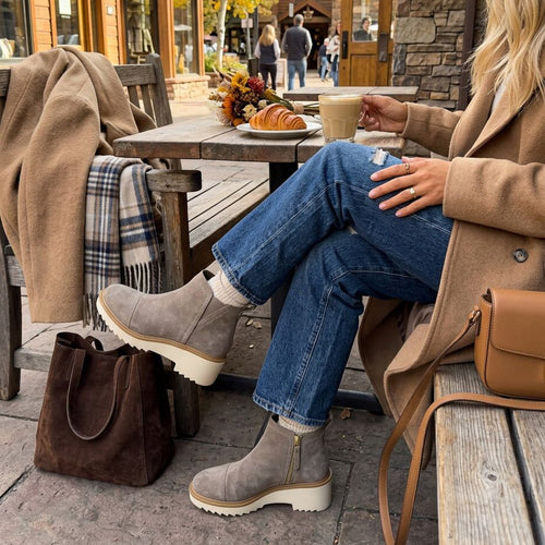 On model image of the Womens Maude Wedge Boot Canteen Suede