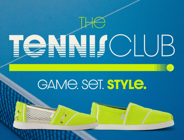 THE TENNIS CLUB. GAME. SET. STYLE. Alp in Neon Yellow Tennis Felt shown. Tennis balls and court background.
