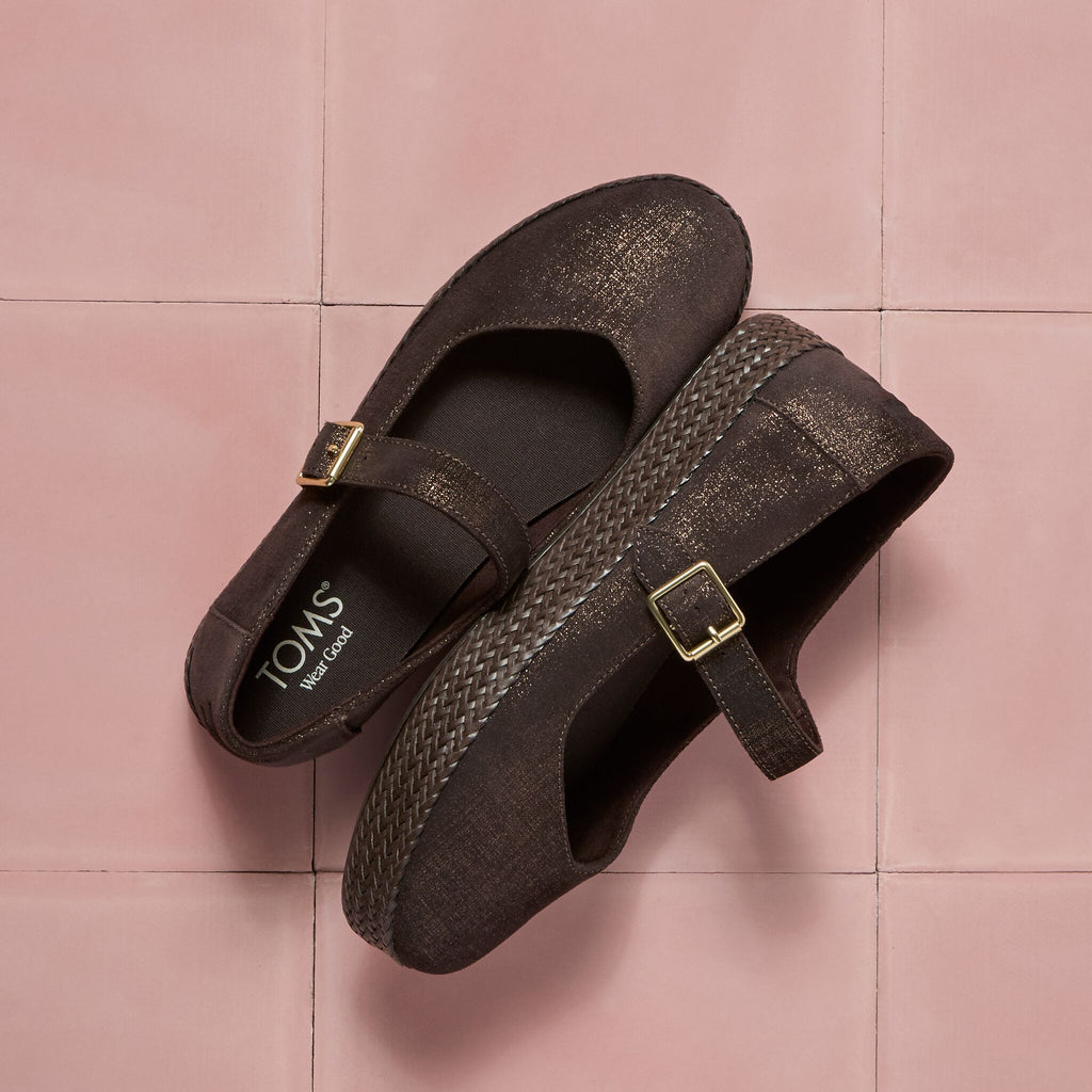 Laydown detail image of the metallic chocolate brown Carolina Mary Jane espadrille