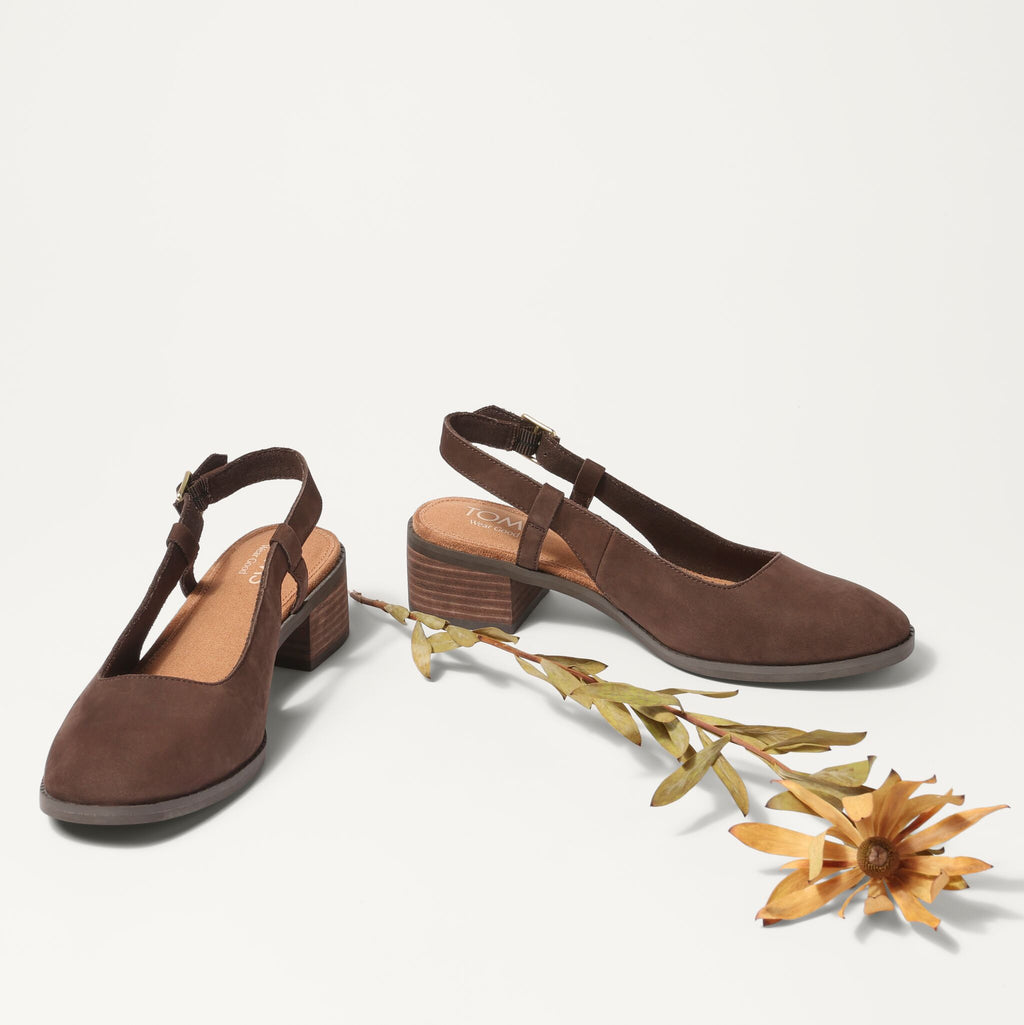 Laydown detail image of the  chocolate brown Jaclyn Slingback heel 