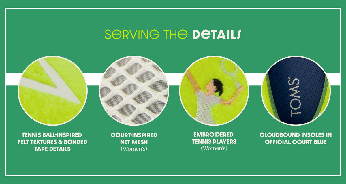 SeRVING THe DETAILS. Detail shots of: TENNIS BALL-INSPIRED FELT TEXTURES & BONDED TAPE DETAILS, COURT-INSPIRED NET MESH & EMBROIDERED TENNIS PLAYERS (Women's), CLOUDBOUND INSOLES IN OFFICIAL COURT BLUE.