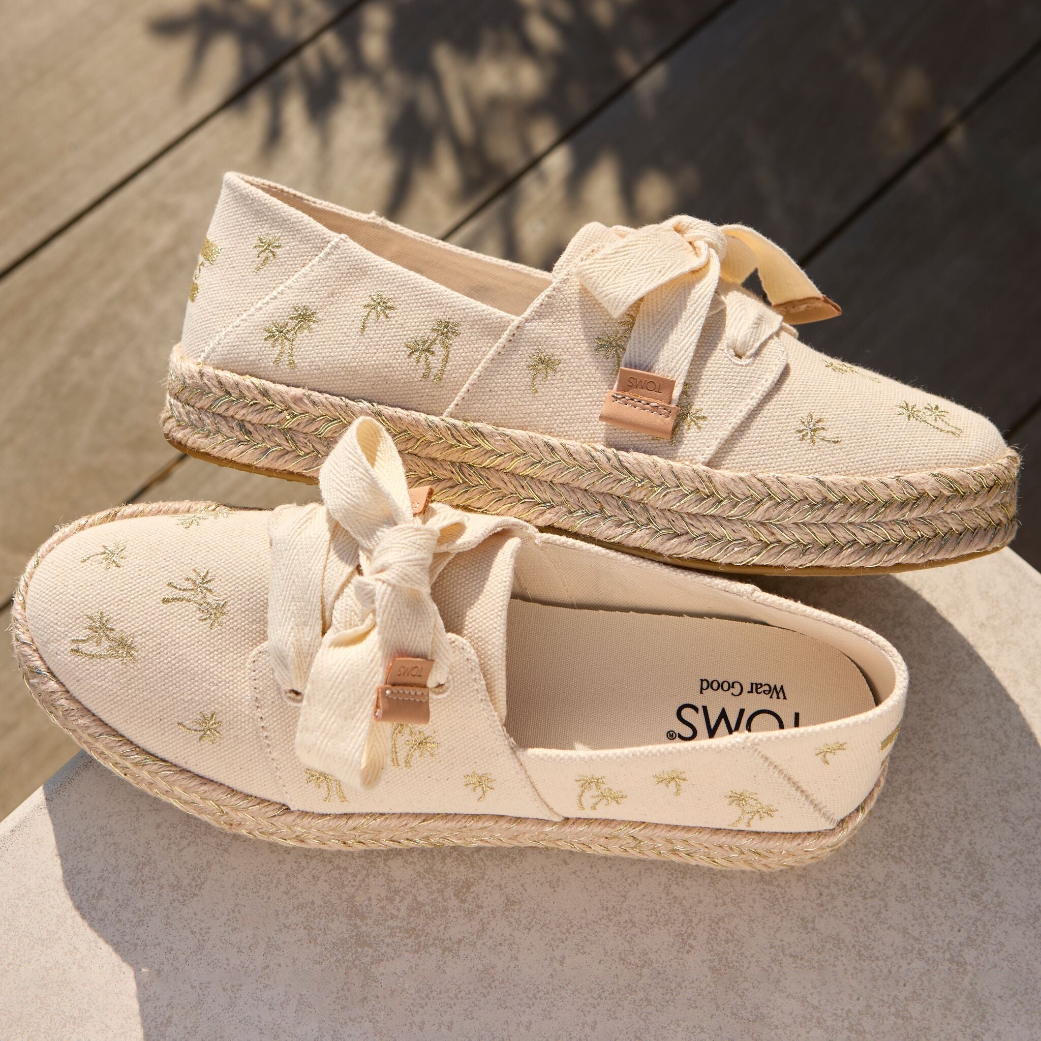 Laydown image of the metallic embroidered palm Carolina Lace Up Espadrille