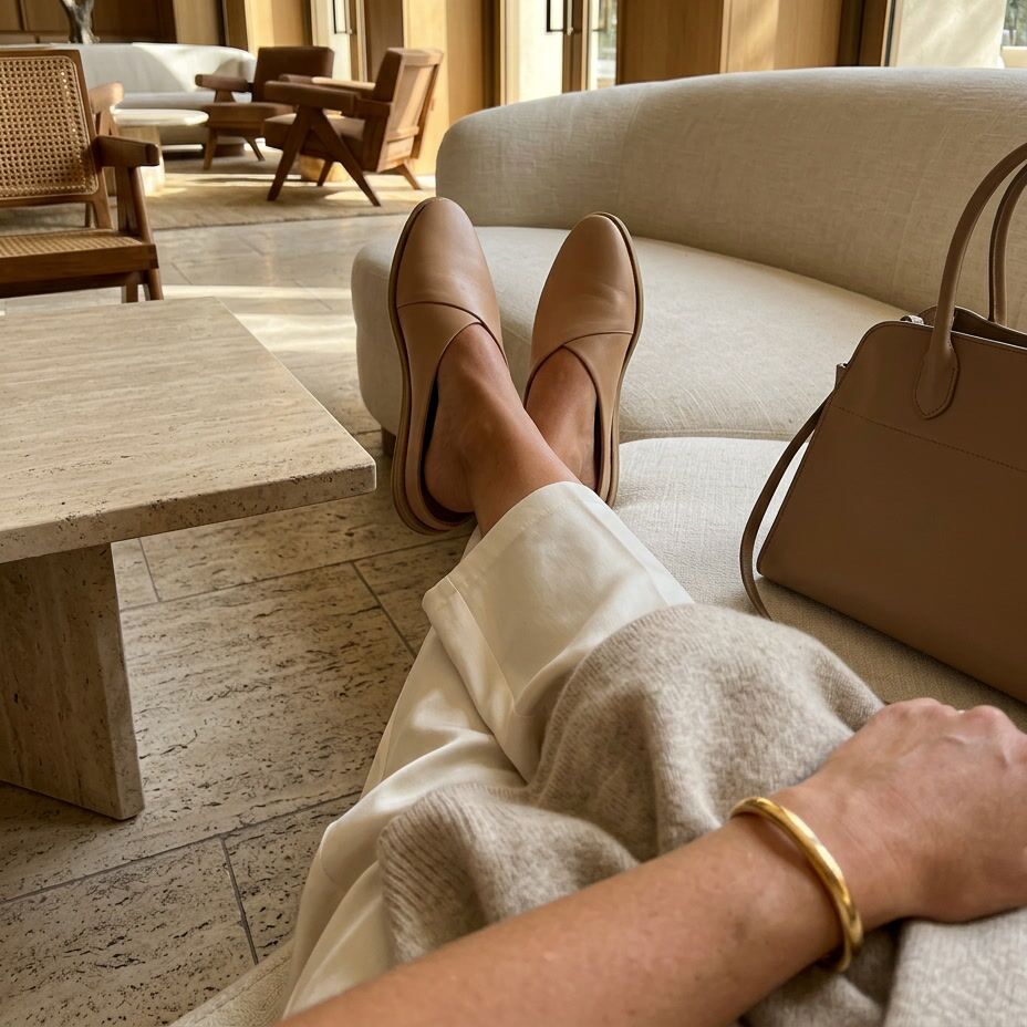 On model image of the honey faux leather Amelia mule