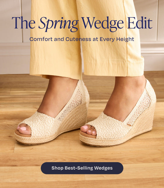 The Spring Wedge Edit. Comfort and Cuteness at Every Height. Shop Best-Selling Wedges. Various styles shown on left, model sitting on right wearing Essential Wedge in Natural Moroccan Crochet.