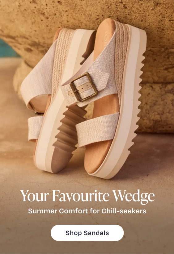 Found it: Your Favourite WedgeSummer Comfort for Chill-seekers. Shop Sandals: shown Diana Mule Buckle Wedge Sandal in Natural, pool background.