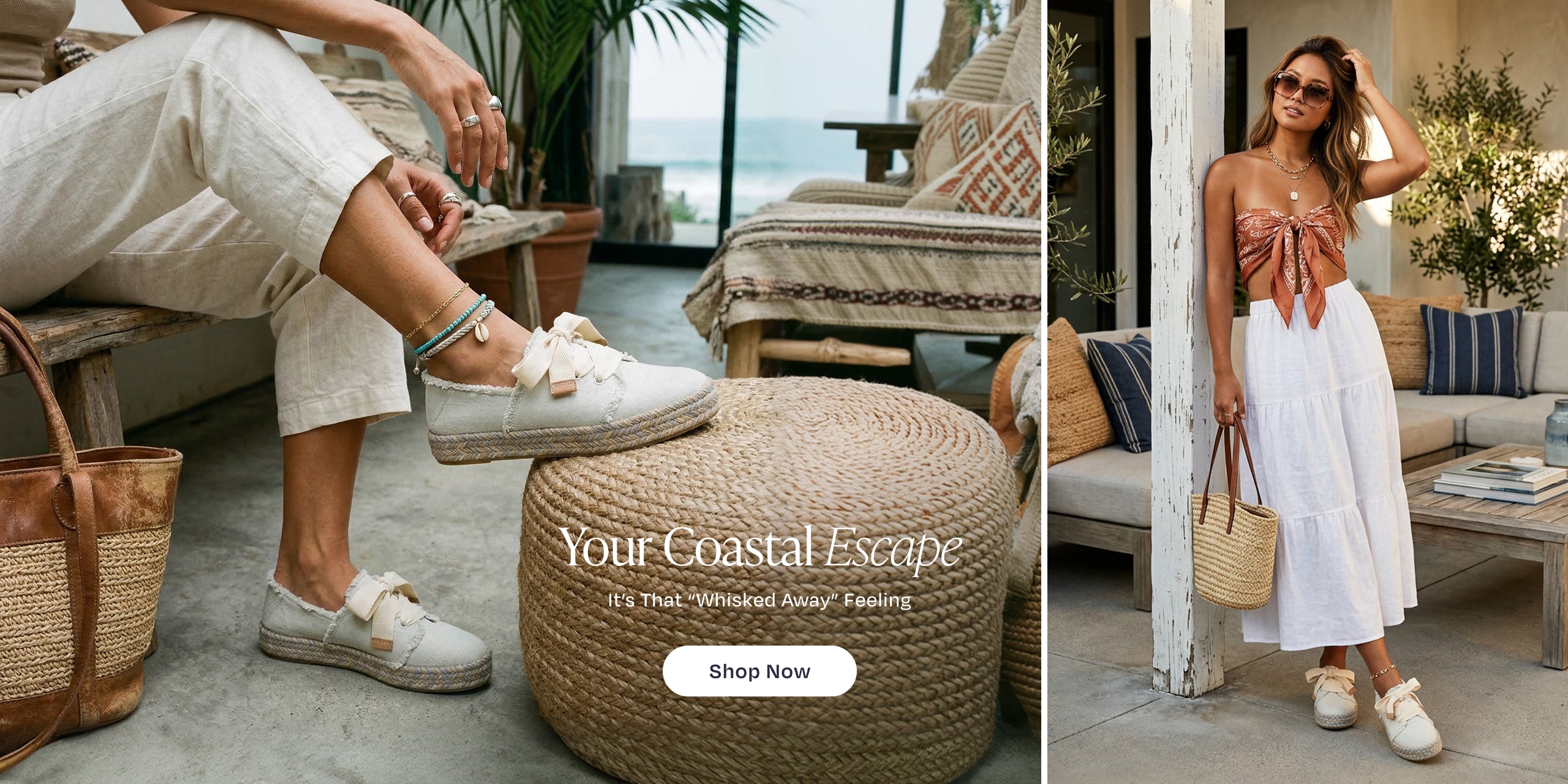 Your Coastal Escape. It's That "Whisked Away" Feeling. Shop Now: model wearing Carolina Lace-Up Espadrille in White Onyx Textured Denim, beach background.