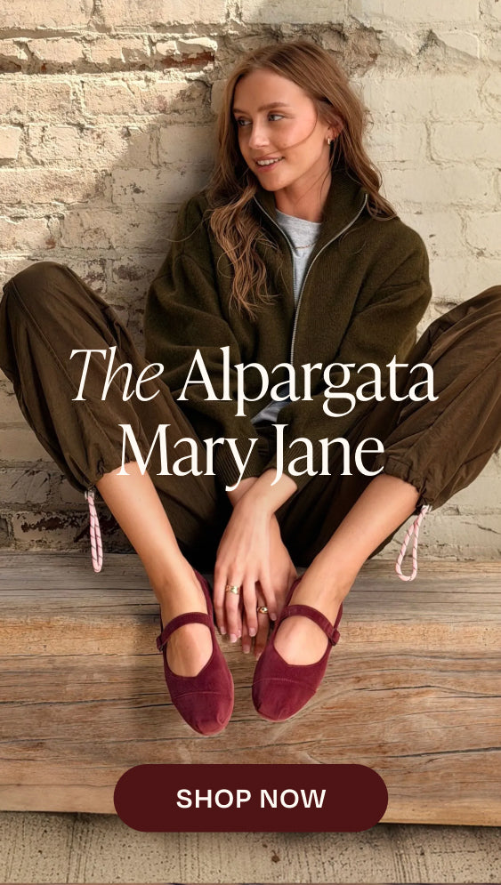 Introducing The Alpargata Mary Jane. The Finishing Touch. SHOP NOW: Alpargata Mary Jane in Dark Burgundy Premium Velvet on model.