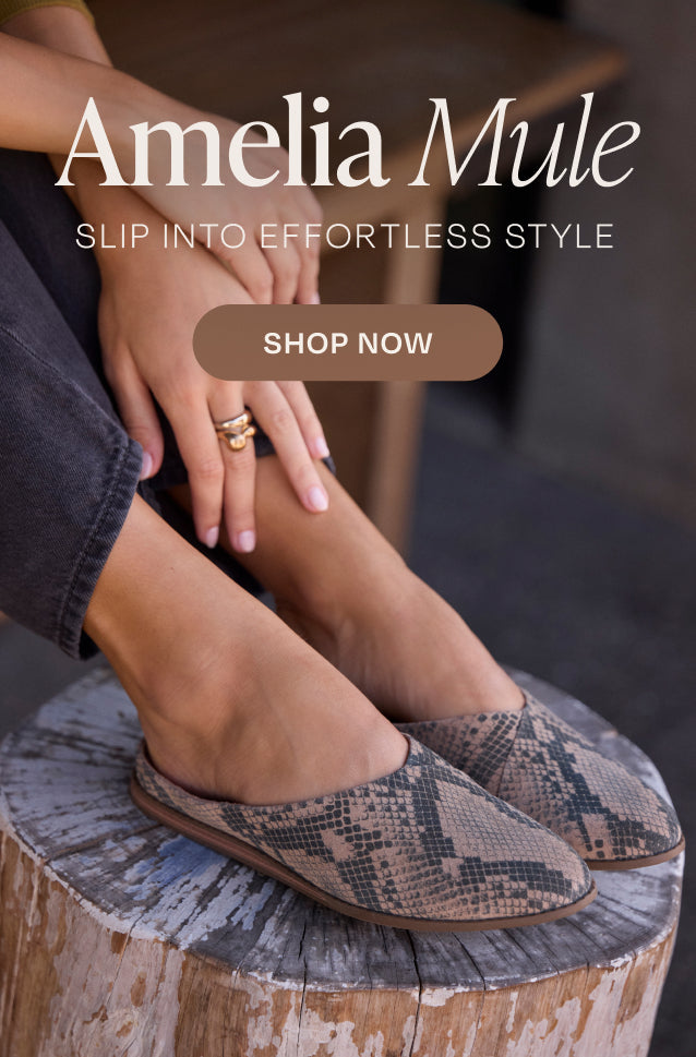 Amelia Mule. SLIP INTO EFFORTLESS STYLE. SHOP NOW: Taupe Snake Print Suede on model.