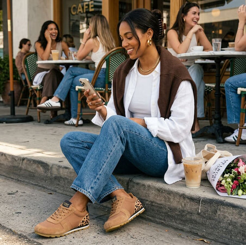 On model image of the Womens TRVL Lite Palisade Sneaker Water Repellent Brown Sugar Vintage Twill