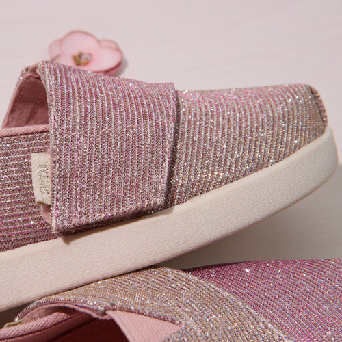Up close detail image of the Kids pale rose glitter corduroy Alpargata