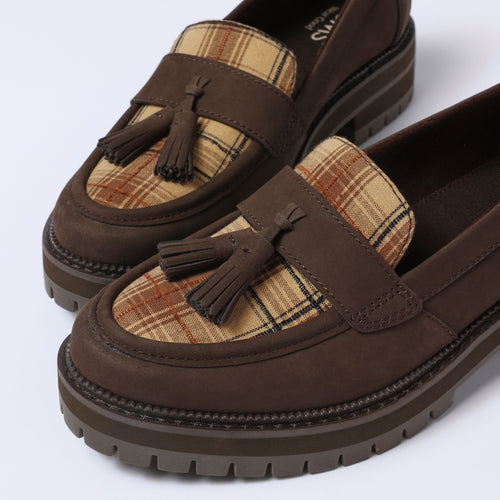 Laydown image of the plaid Cara loafer with tassel detail