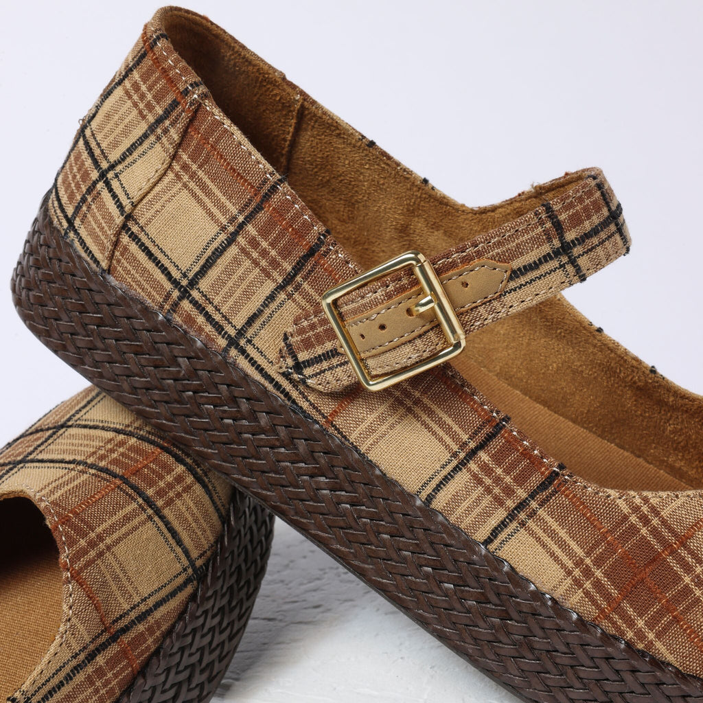 Laydown detail image of the plaid Carolina Mary Jane espadrille