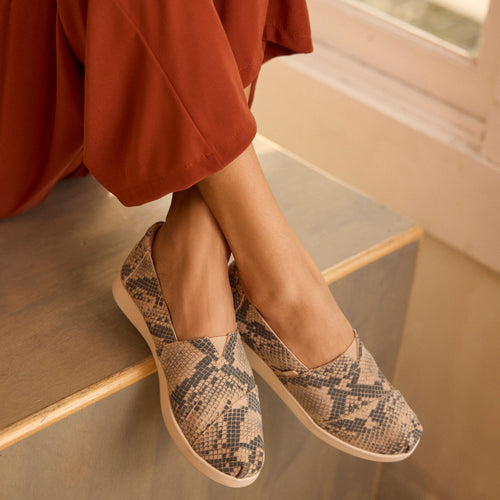 On model image of the Womens Alpargata Plus Taupe Snake Print Suede