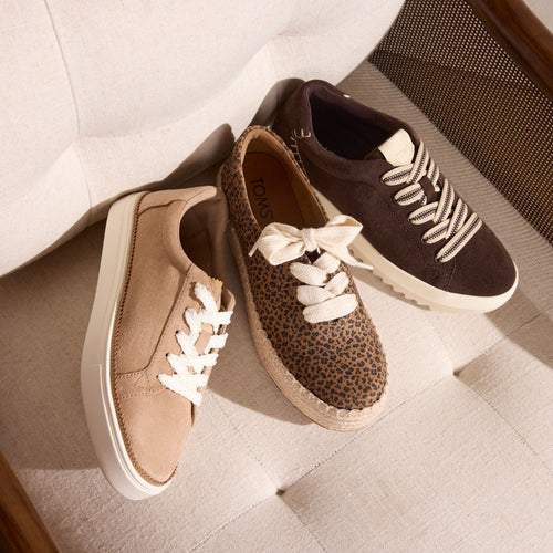 Laydown image of the Womens Izzy Lace-Up Sneaker Taupe Premium Microfiber Suede, Leopard Valencia Lace-Up and Brown Chocolate suede Rea sneaker