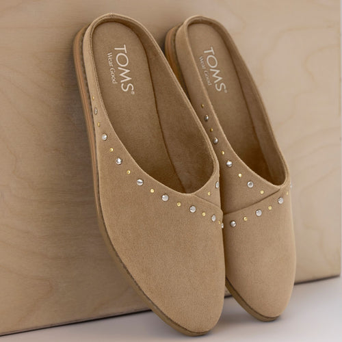 On model image of the Womens Amelia Mule Taupe Microsuede with Studs