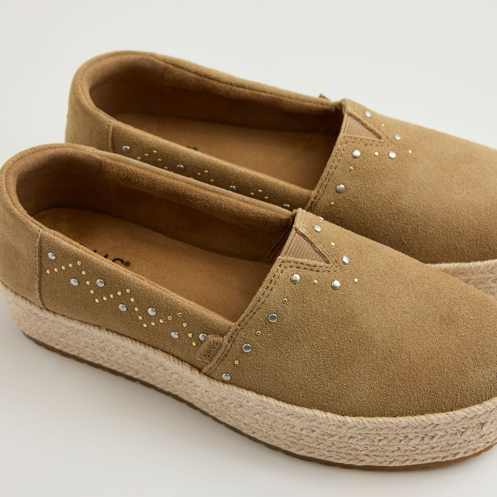 Laydown detail image of the toffee suede Valencia platform espadrille with stud detailing